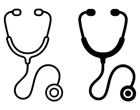 Health and medical icon, simple stethoscope vector illustration, black and white in outline and silhouette design