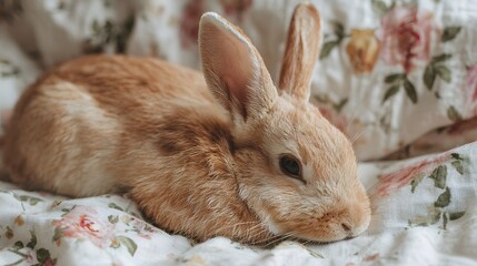 Naklejka premium Adorable Orange Bunny Rabbit Resting on Floral Fabric.