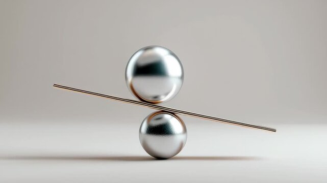 Silver spheres balanced on a thin rod, showcasing a gradual shift in position, with reflections and shadows enhancing the visual dynamics of the composition