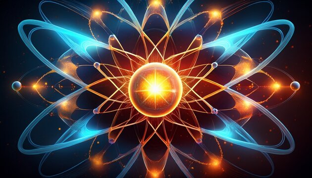 atomic nucleus explosion glowing atom nucleus bursting with protons and neutrons flying apart symbolizing nuclear fission and particle science