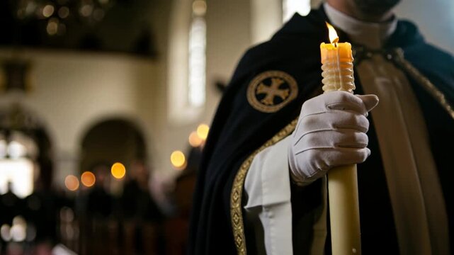 Christian clergy holding lit candle during church ceremony, solemn religious procession.