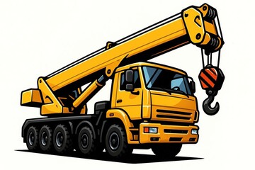 Fototapeta premium A powerful, strong truck crane on wheels. For construction sites and business cards. On white background.