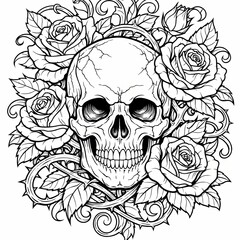Fototapeta premium Dramatic black and white artwork featuring a central skull framed by blooming roses and twisting thorns, great for tattoo designs, gothic decor, and adult coloring projects.