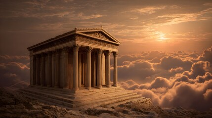 Obraz premium Ancient Greek Temple Rises Above Clouds at Sunset.