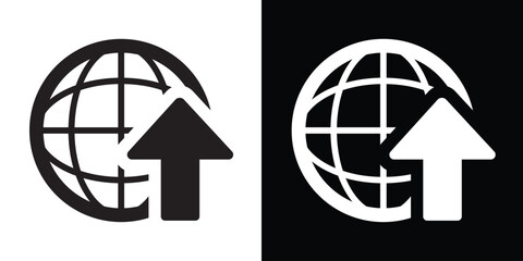 Earth globe icon with an upward arrow, symbolizing global export, international growth, world connectivity, and worldwide upload. Perfect for logistics and global trade concepts. © bibin