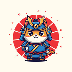 Cartoon Cute Samurai Cat Warrior Character with Detailed Armor and Background