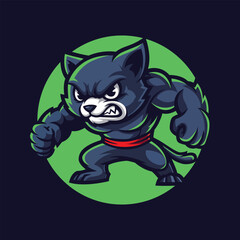 Cartoon Muscular Cat Character with Fierce Expression and Green Circle Background