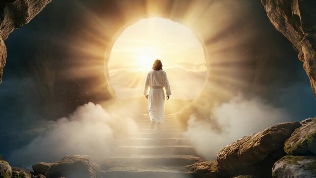 Jesus christ representation walking out of the empty tomb at sunrise, resurrection and easter christian hope.