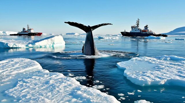 An icebreaker ship navigates through melting ice in the Arctic. A whale surfaces in the icy waters. The scene highlights climate change and polar expeditions.
