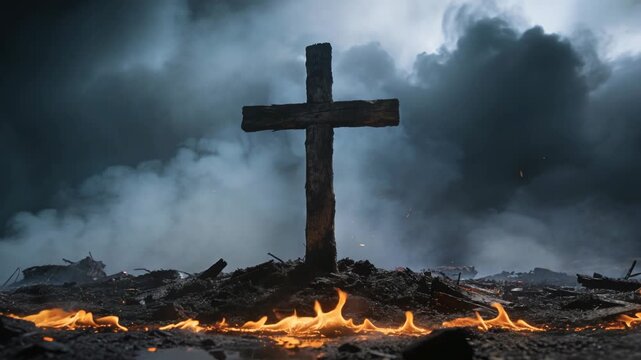 Wooden christian cross standing in burning ruins with flames and heavy smoke, dramatic religion and salvation concept.