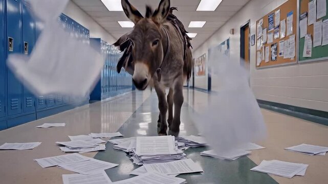 Donkey stirs chaos, Animal interrupts structured learning, Disruptive creature disturbs disciplined educational setting, Mischievous donkey creates disorder within wellorganized classroom environment