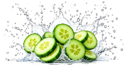 Refreshing green cucumber slices splashing with cool, clear water