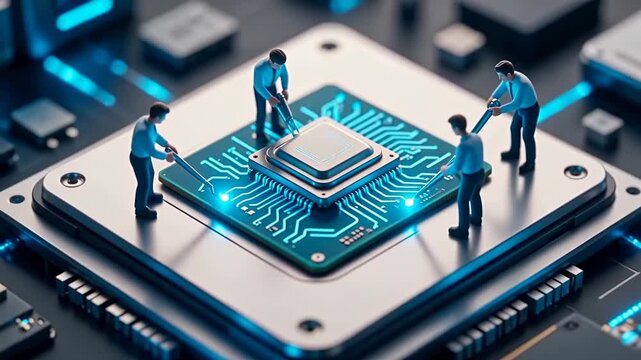 Miniature engineers assembling advanced microchip processor on futuristic circuit board, representing semiconductor innovation, AI hardware, and high-tech manufacturing.
