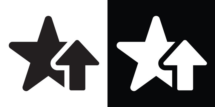 Favorite star icon with an upward arrow symbolizing rating increase, popularity boost, or performance excellence. Minimalist vector for customer reviews and achievement tracking.