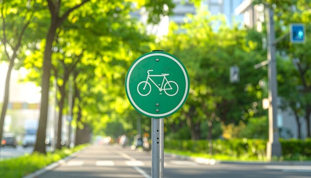 Green circular bicycle lane traffic sign standing on a sunny urban street surrounded by lush green trees and a blurred city background