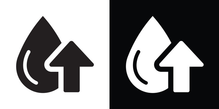 Minimalist water drop icon with upward arrow representing humidity rise, fluid increase, or hydration growth. Clean black and white vector symbol for environmental and health data visualization.