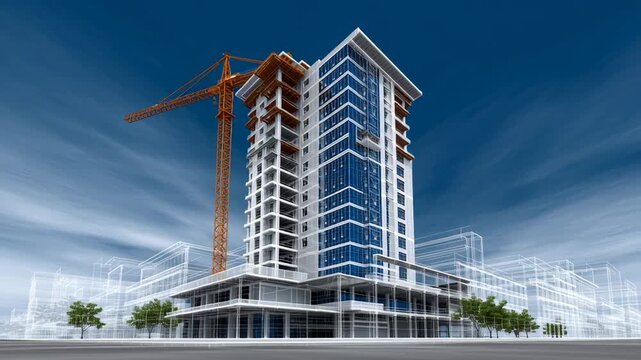 Modern high-rise building construction with a crane and glass facade, showcasing the architectural design and structural elements in an urban environment under a clear blue sky