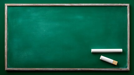 Empty Green Chalkboard with Chalk Pieces Ready for Writing.