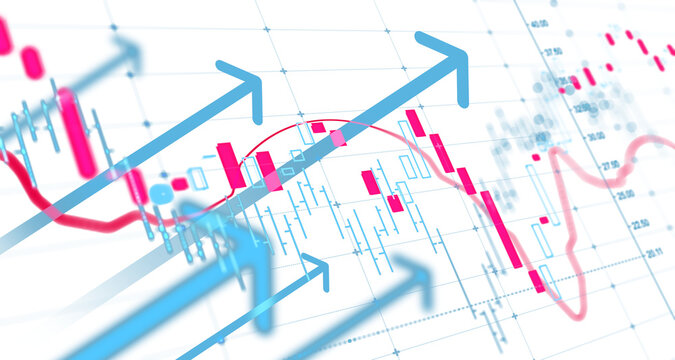 Financial chart with candlestick patterns, upward arrows and trend lines, in abstract graphic style, on white background, concept of stock market growth