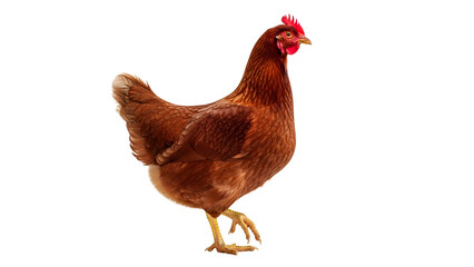 Fototapeta premium Brown hen walking, domestic farm chicken with red comb and wattle, poultry bird isolated on white, Generative Ai