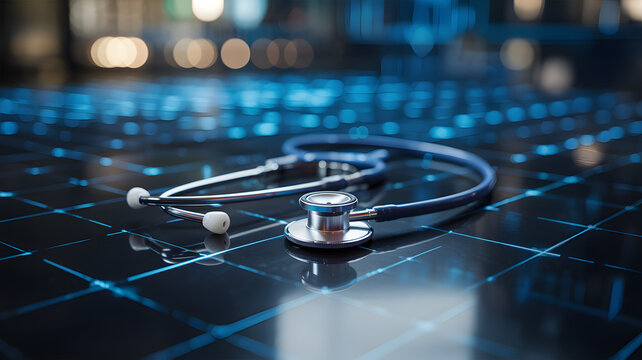 Stethoscope on a futuristic digital keyboard symbolizing modern healthcare technology and digital health advancements in a sleek blue environment