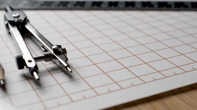 Technical drawing sheet with grid, compass, and pen