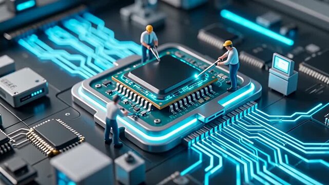 Miniature engineers assembling advanced microchip processor on futuristic circuit board, representing semiconductor innovation, AI hardware, and high-tech manufacturing.