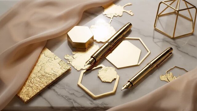 Elegant gold pens, geometric decor, and textured stationery