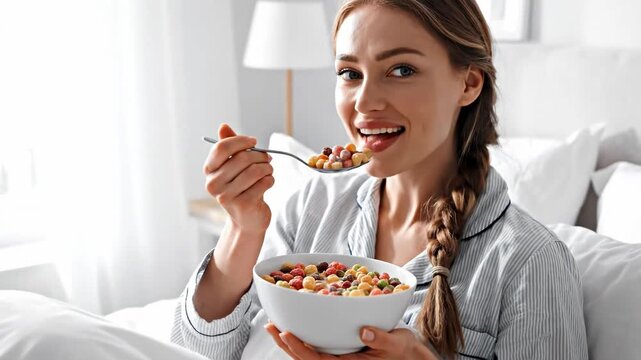 Young woman eating colorful cereal in bed. Happy female having breakfast in pajamas in a bright bedroom. Morning lifestyle concept