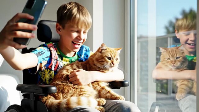 Young boy and his cat taking selfies by the window, capturing moments of companionship and pet care with a smartphone.