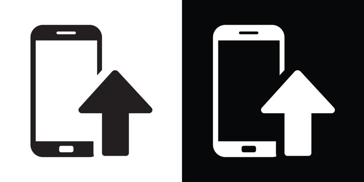 Mobile phone icon with up arrow indicating data upload, system update, or mobile growth. Clean vector set for telecommunications, app development, and smartphone technology trends.