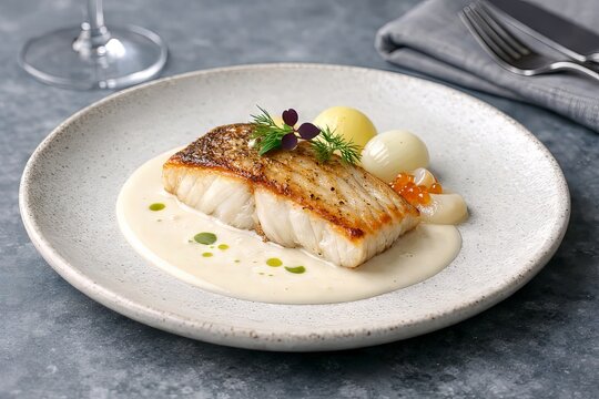 A perfectly pan seared white fish fillet sits on velvety cream sauce with delicate garnishes in a refined table setting, ideal for upscale restaurant menus or culinary advertising.