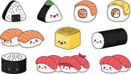 Set of cute kawaii sushi characters including nigiri maki rolls and onigiri with funny smiling faces in flat style © NURUL