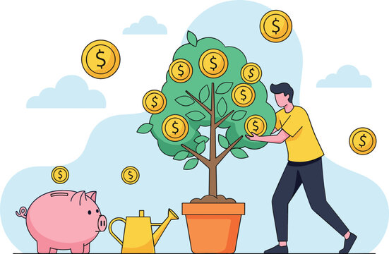 Man harvesting gold dollar coins from a growing money tree with piggy bank and watering can flat vector illustration