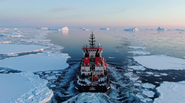 An icebreaker ship navigates through melting ice in the Arctic. The scene highlights climate change and extreme weather conditions affecting the frozen sea.