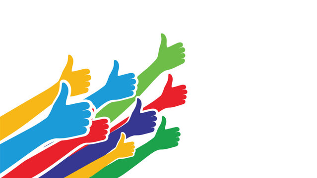 Multiple colorful hands raised from the bottom corner giving a thumbs up sign to indicate approval, success, positive feedback, and group agreement.