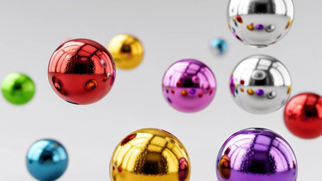 Colorful metallic spheres in various sizes and hues float through the air, showcasing reflections and highlights against a smooth gray background, creating a dynamic visual display of movement and col