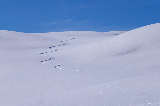 Traccia di una discesa con gli sci in neve fresca