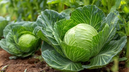 Fototapeta premium Fresh Green Cabbage Growing in a Garden Bed.