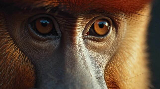 Extreme Close Up of Proboscis Monkey Eyes with Detailed Fur