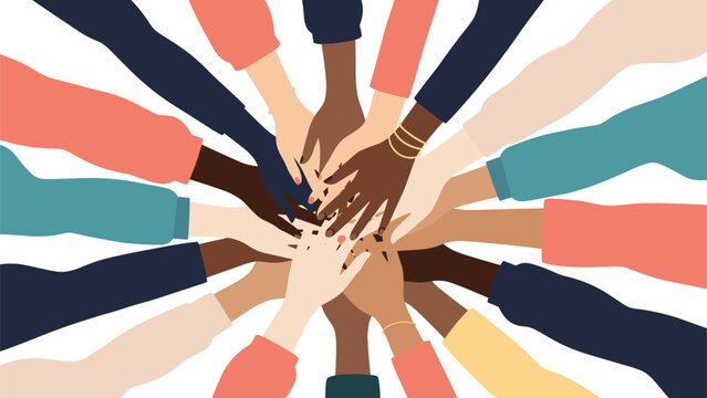 Large group of hands with different skin tones meeting in the center to form a circle symbolizing deep unity, teamwork, and global social cooperation.