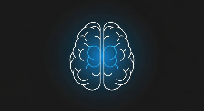Stylized brain illustration with glowing blue effect on dark background