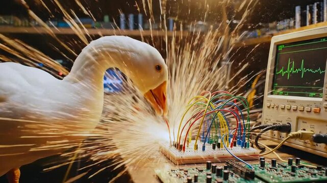 goose inspecting circuit board on workbench, white goose pecking colorful wires under glowing oscilloscope, scattered circuit components and soldering tools, warm lamp light, humorous inventive mood