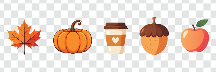 Cute Autumn Fall Elements Vector Set Cozy Harvest Collection with Pumpkin, Leaf, Coffee, Acorn, Apple © Masud
