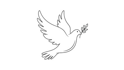 Obraz premium Minimalist black line drawing of a flying white dove carrying an olive branch in its beak as a universal symbol of peace and reconciliation for all.