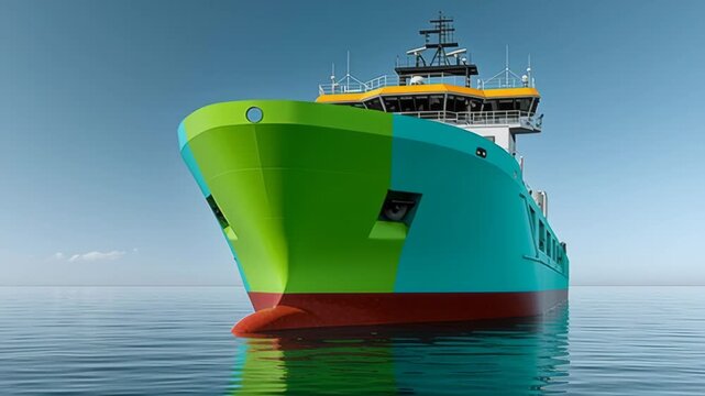 Colorful cargo ship with green and blue hull, orange accents, and modern bridge structure, positioned in calm water under clear blue sky, showcasing maritime design and engineering
