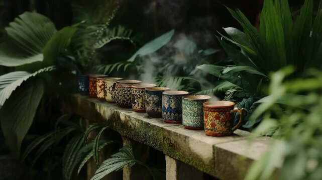 A row of intricately patterned ceramic mugs filled with hot beverage on a mossy stone wall