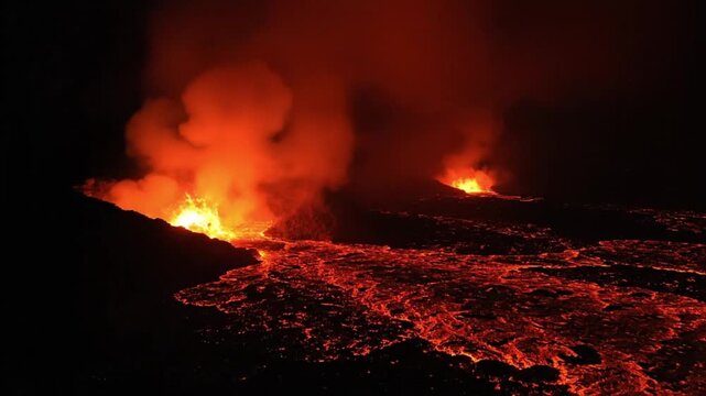 Volcanic eruption at night photo with glowing red lava flow and smoke for editorial and documentary use
