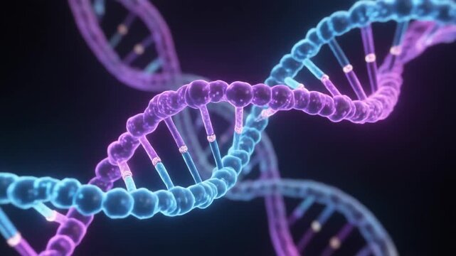 Extreme Macro Close-Up of Glowing DNA Double Helix Structure Rotating Slowly