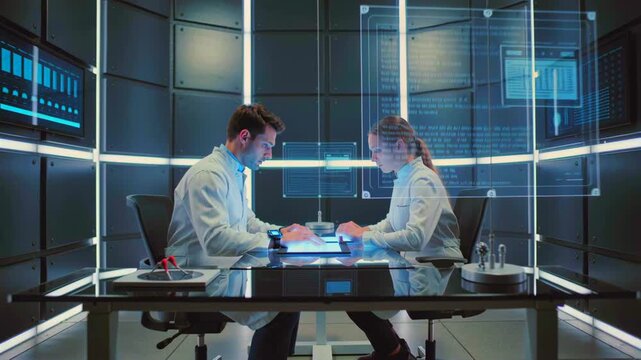 Three specialists meticulously analyzing electronic circuits under bright lighting, Pair of engineers thoroughly inspecting and running diagnostics on prototype electronics within sterile environment